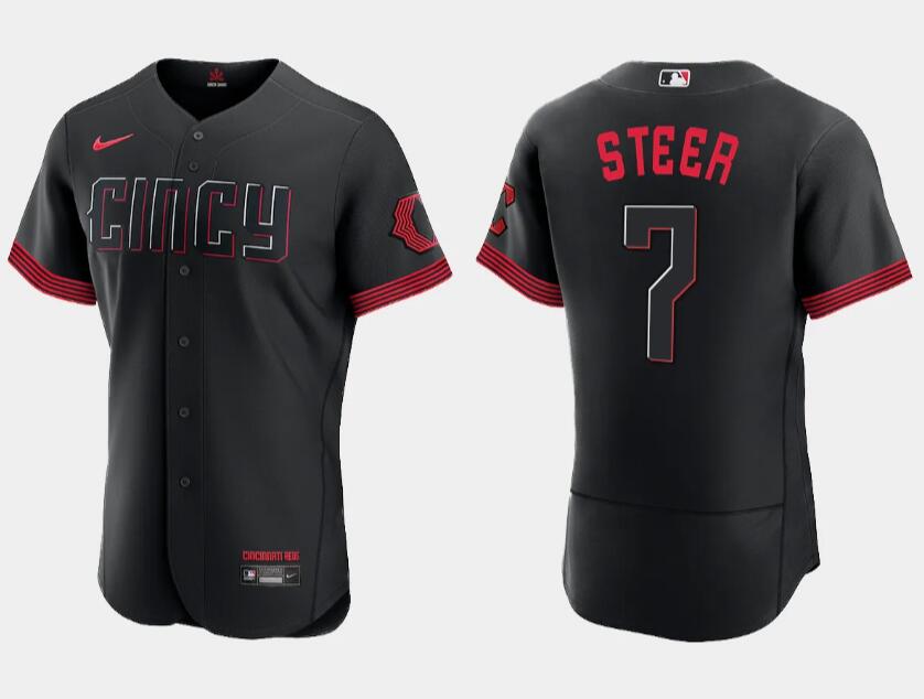 Men's Cincinnati Reds #7 Spencer Steer Black 2023 City Connect Cool Base Stitched Baseball Jersey Men's Cincinnati Reds #7 Spencer Steer Black 2023 City Connect Cool Base Stitched Baseball Jersey